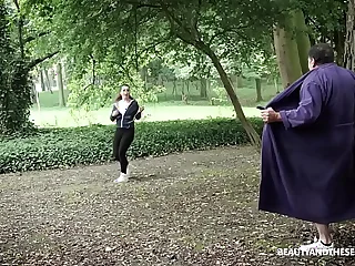 Creeper flashes young hot runner&excl; She bust and fucks the old dude&excl;